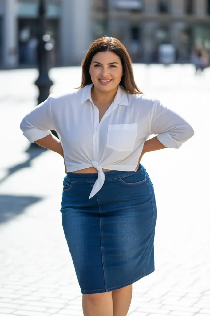 Denim Skirt with Button-Down Shirt