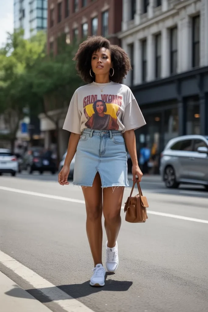 Denim Skirt with Oversized Graphic Tee