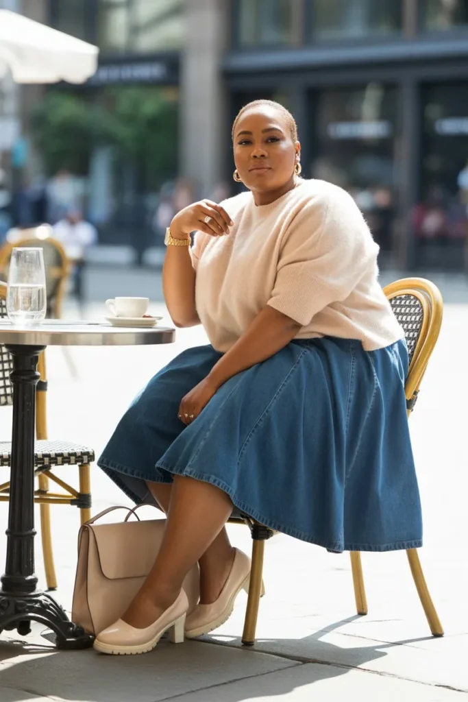 Denim Skirt with Soft Knit Top