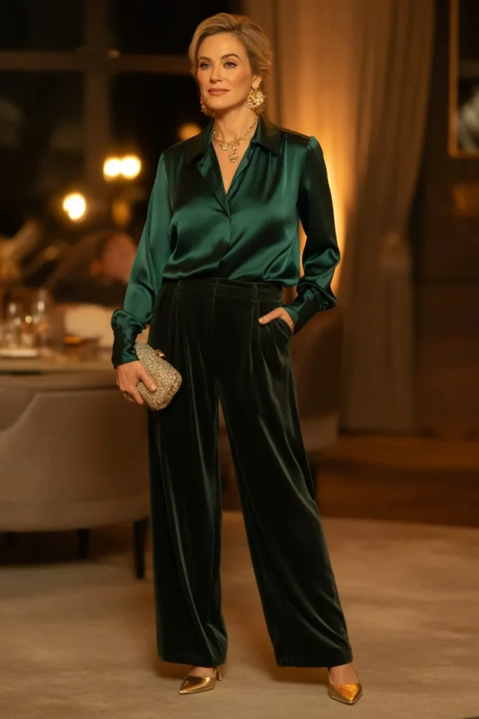 Emerald Green Silk Blouse and Velvet Trousers