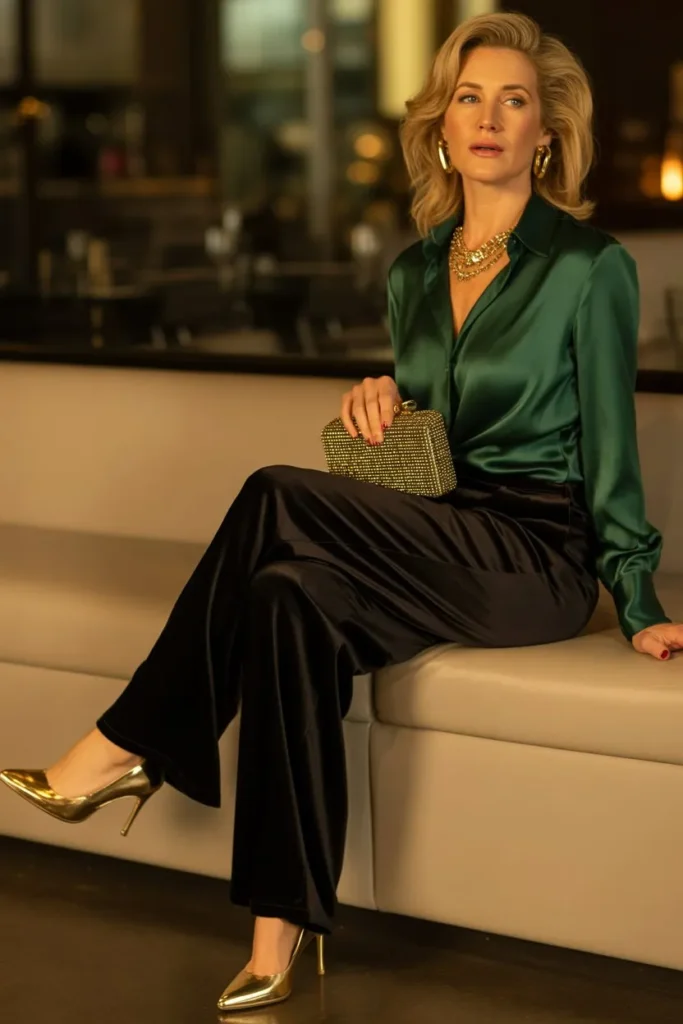 Emerald Silk Blouse and Black Velvet Trousers