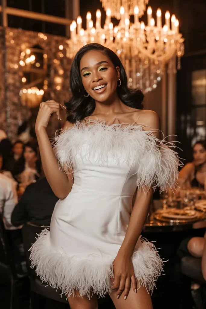 Feather Trim Mini Dress with Heels