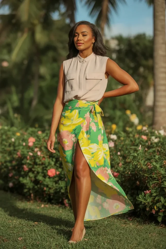 Floral Wrap Skirt with Sleeveless Blouse