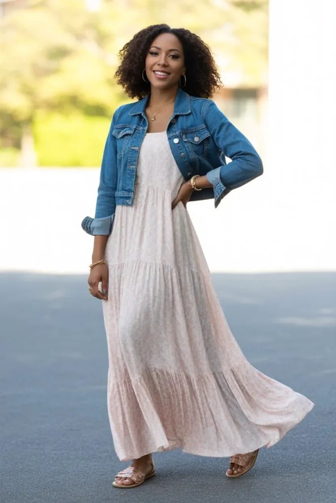 Flowy Maxi Dress with Denim Jacket