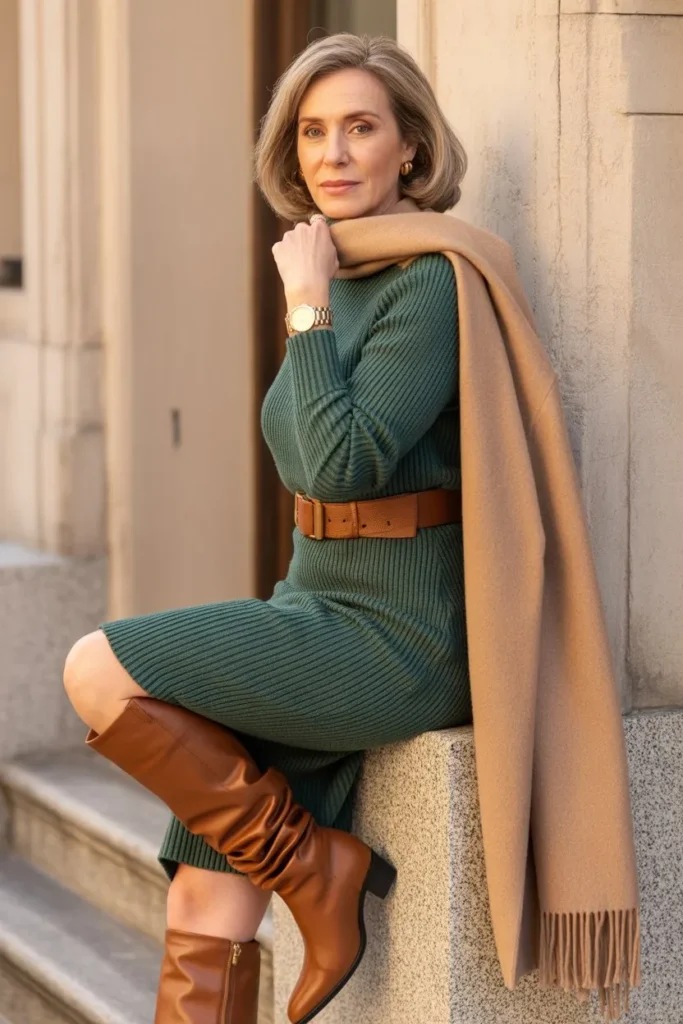 Forest Green Sweater Dress and Cognac Knee-High Boots