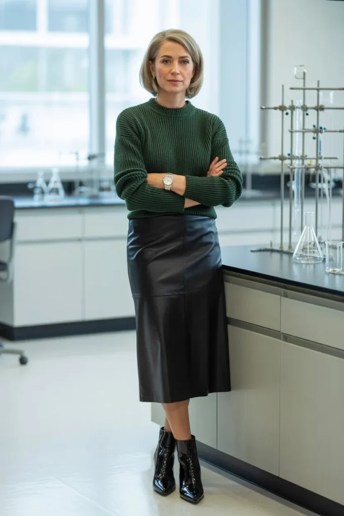 Forest Green Sweater and Leather Midi Skirt