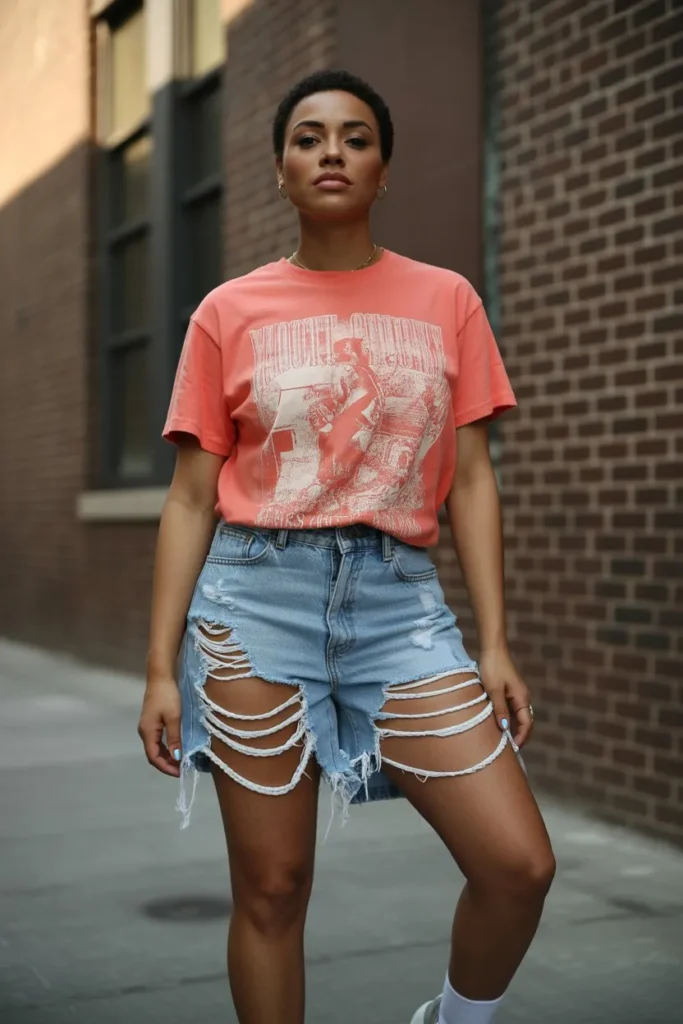 Graphic Tee with Distressed Denim Shorts