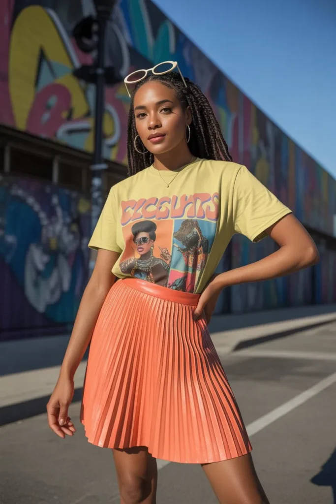 Graphic Tee with Pleated Mini Skirt