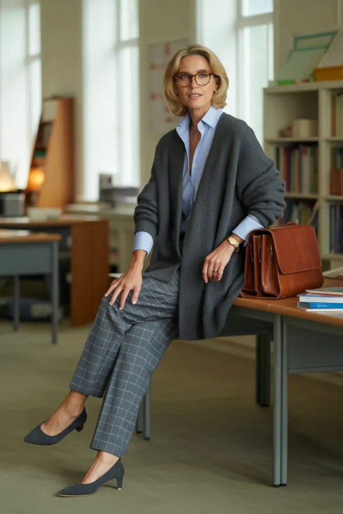 Grey Cashmere Cardigan and Plaid Trousers