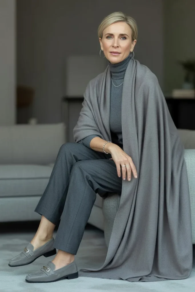 Grey Cashmere Poncho and Charcoal Slacks
