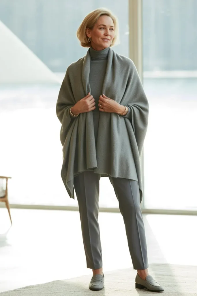 Grey Cashmere Poncho and Slim Charcoal Slacks