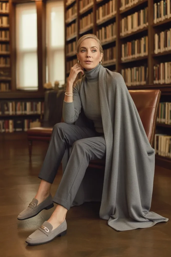 Grey Cashmere Poncho and Slim Charcoal Slacks