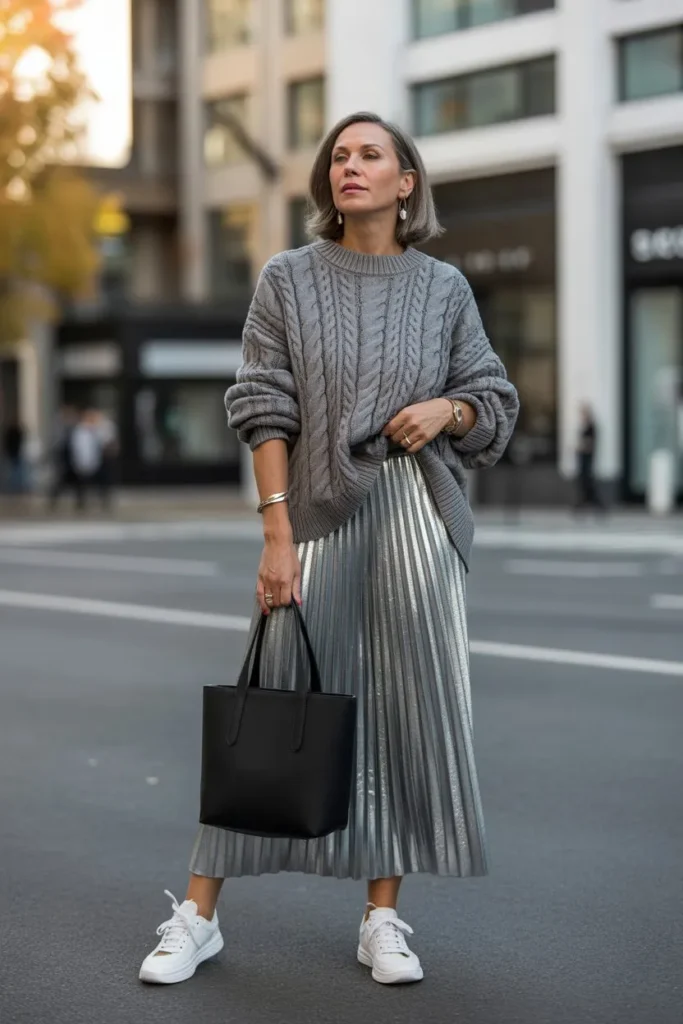 Grey Oversized Knit and Metallic Pleated Skirt