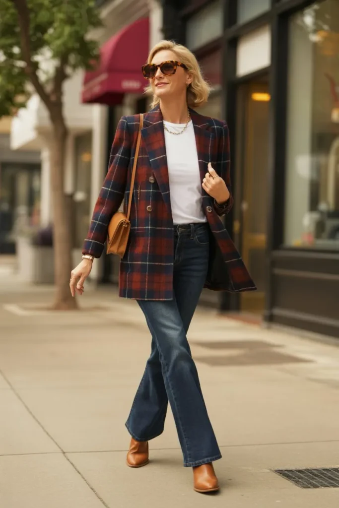 Heritage Plaid Blazer and Dark Wash Flare Denim