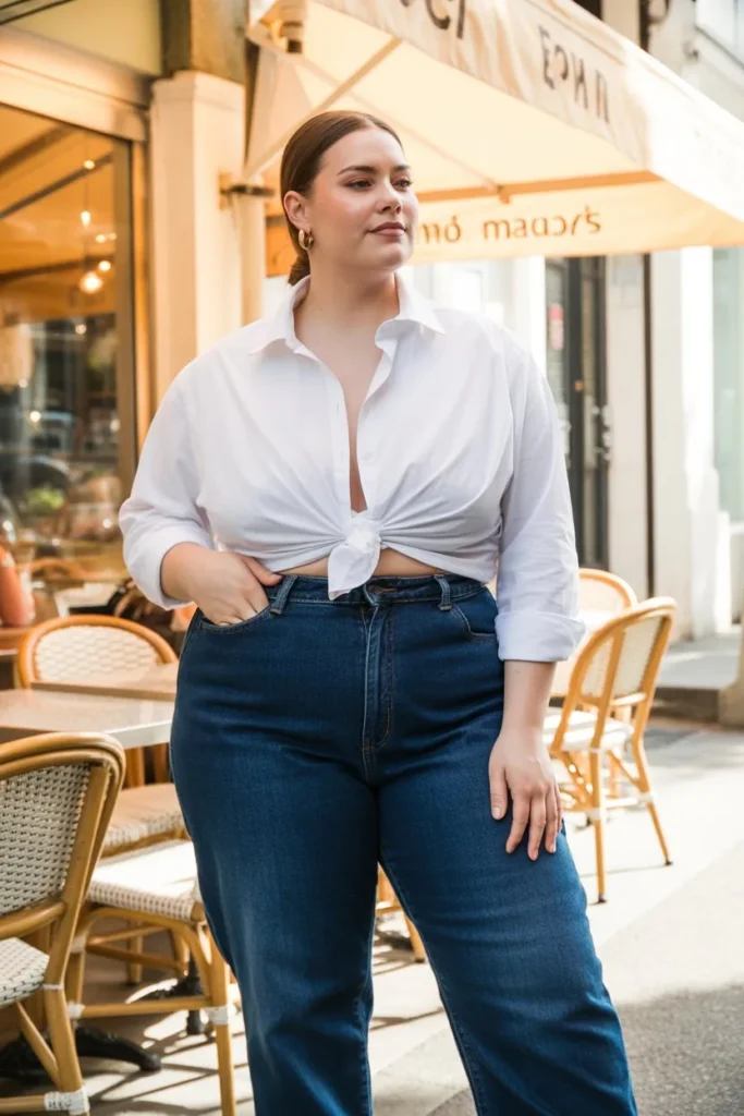 High-Waisted Jeans with Button-Down Shirt