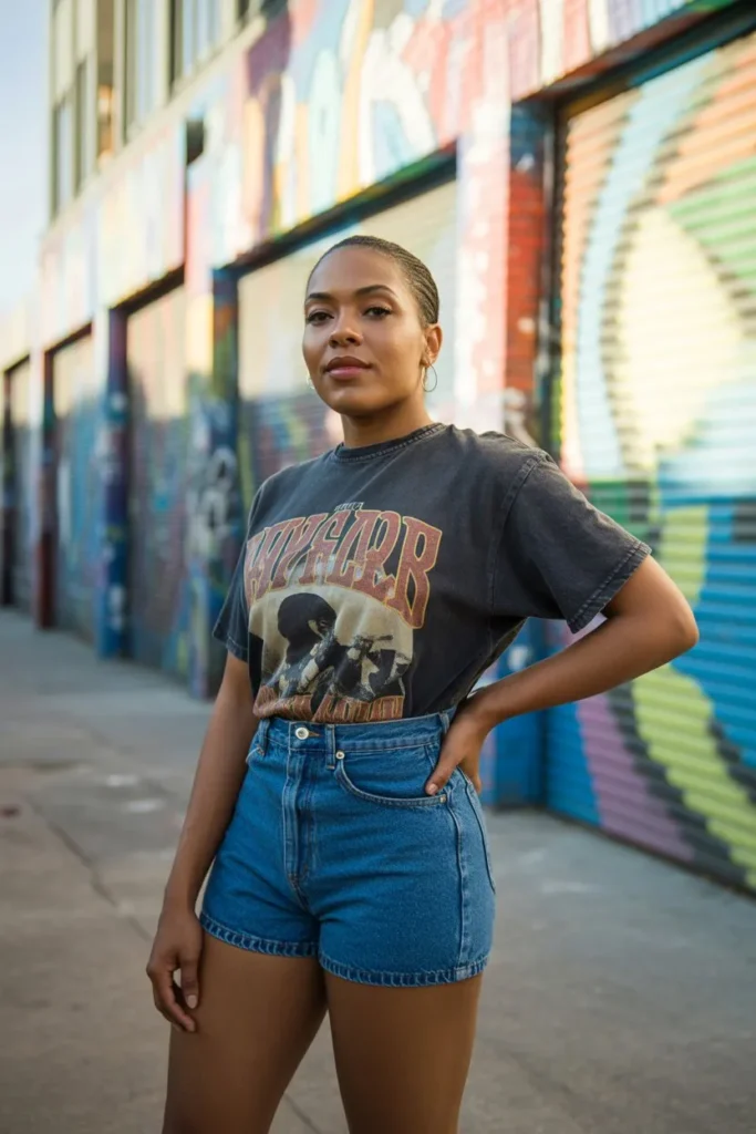 High-Waisted Shorts with Vintage Band Tee