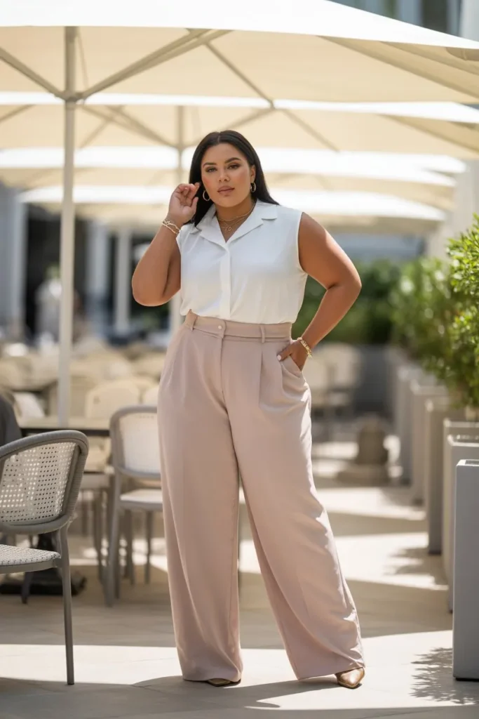High-Waisted Trousers with Sleeveless Blouse