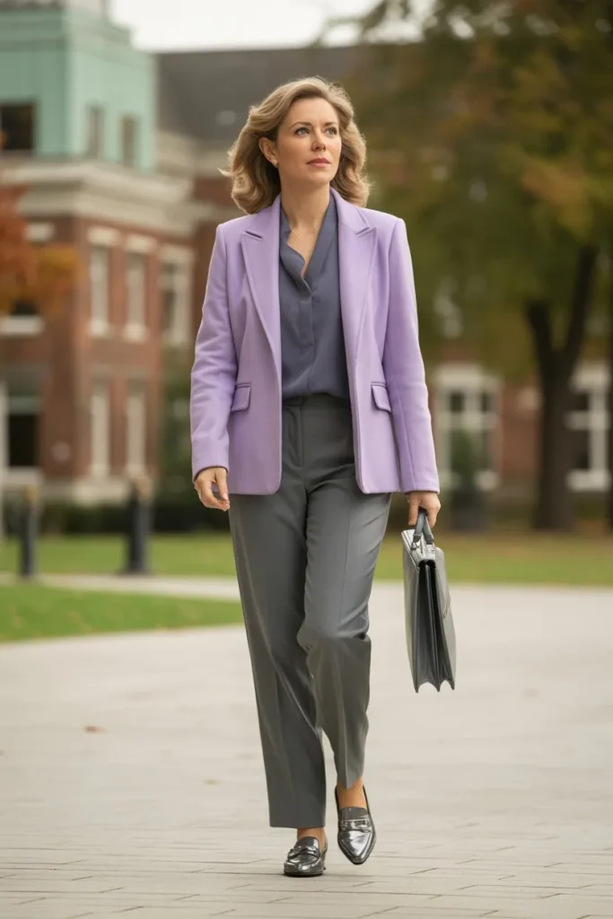 Lavender Wool Blazer and Grey Slacks