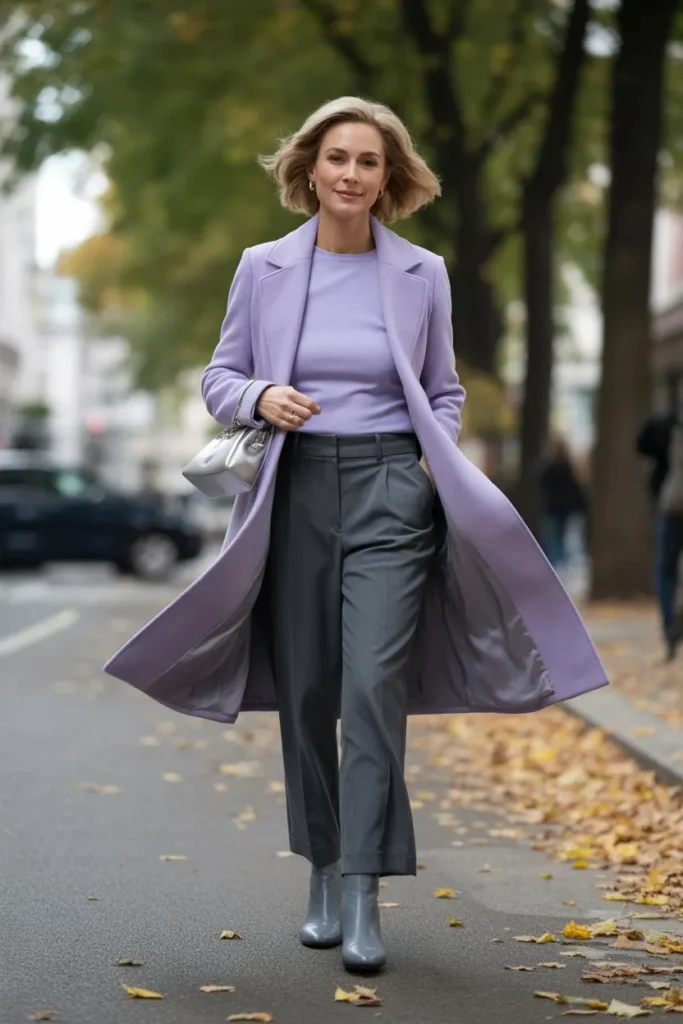 Lavender Wool Coat and Grey Tailored Slacks