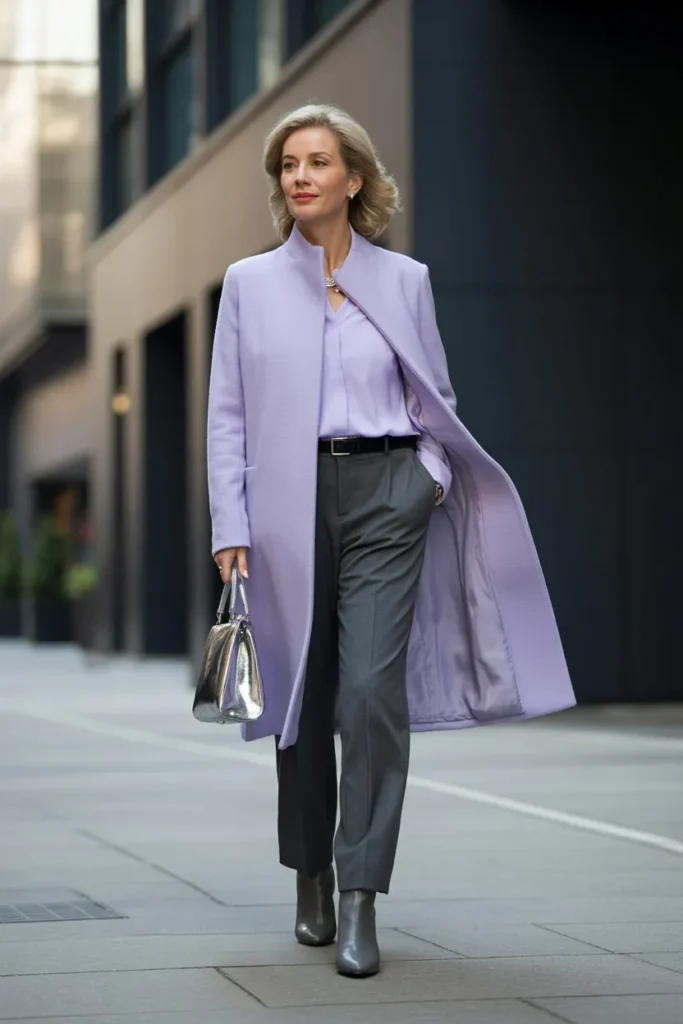 Lavender Wool Coat and Tailored Charcoal Slacks