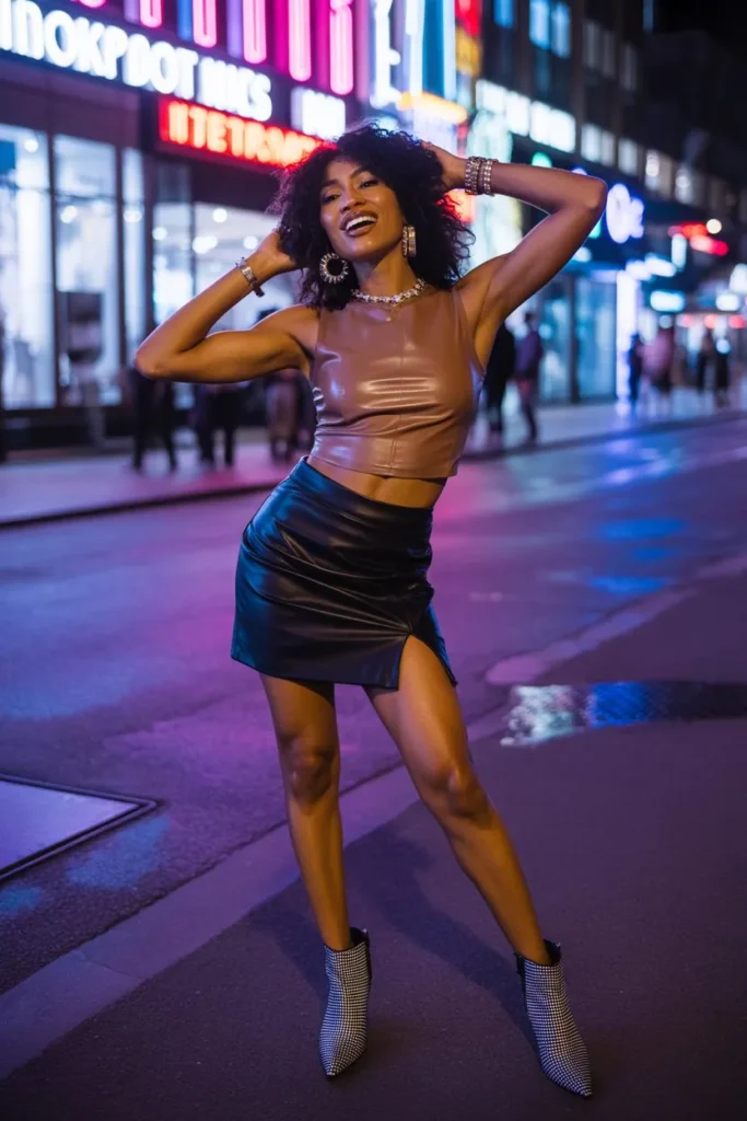 Leather Mini Skirt with Crop Top