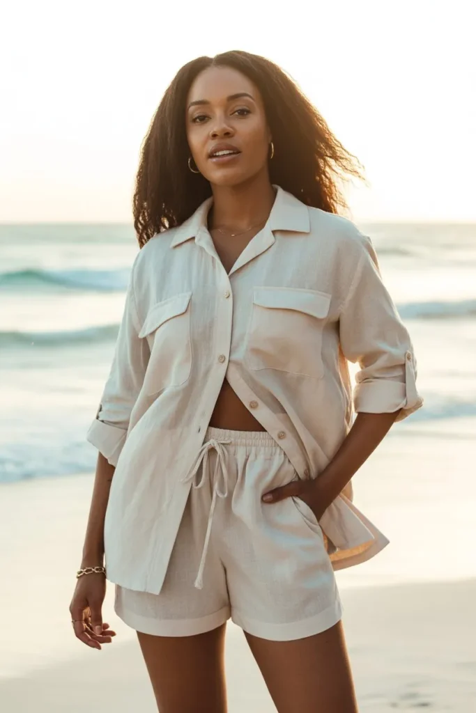 Linen Button Shirt with Drawstring Shorts