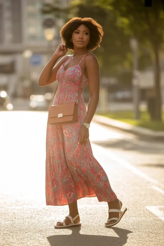 Maxi Dress with Crossbody Bag and Sandals