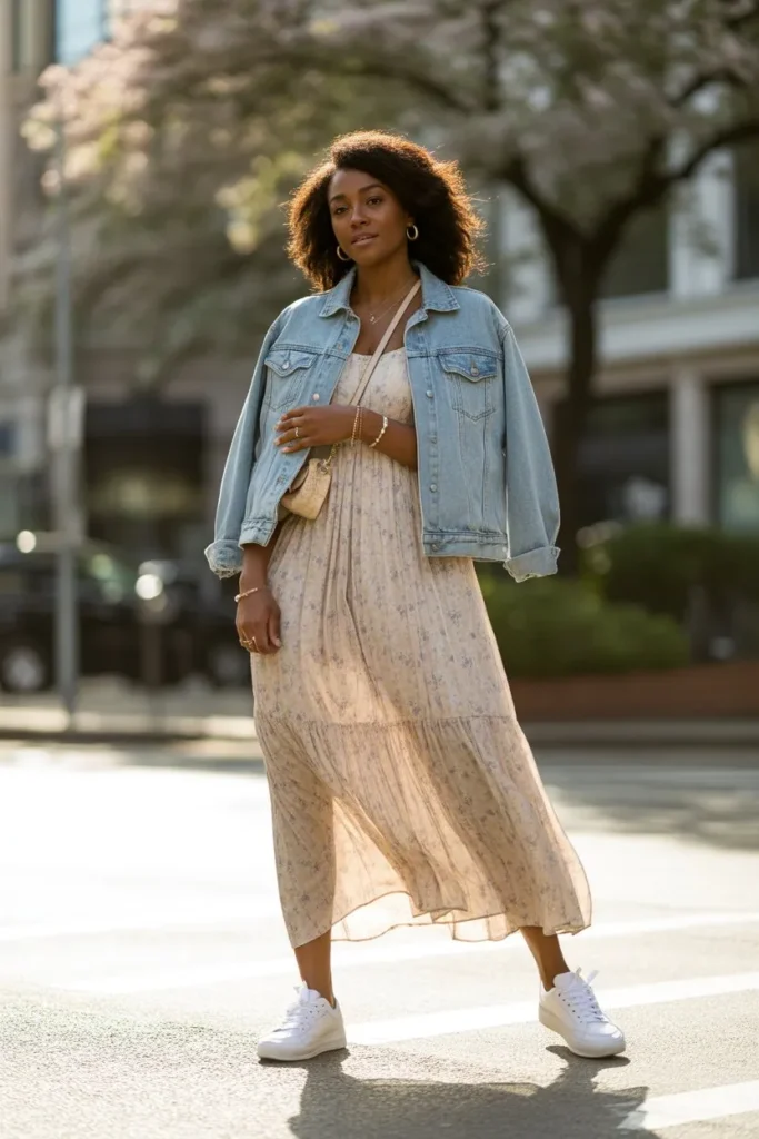 Maxi Dress with Denim Jacket and Sneakers