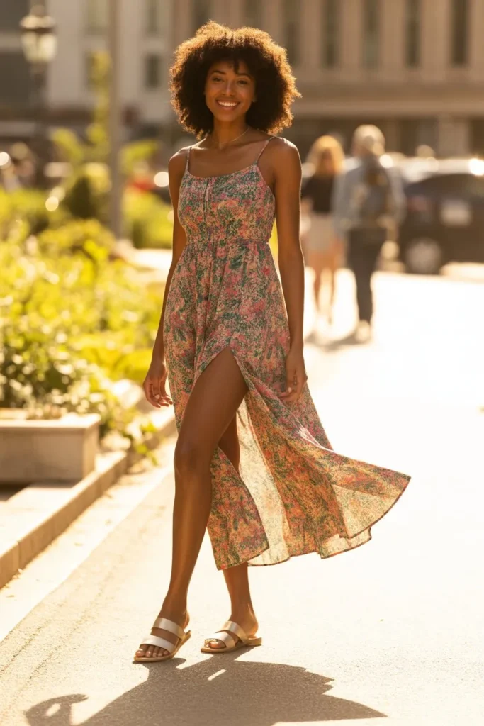 Maxi Dress with Slit and Flat Sandals