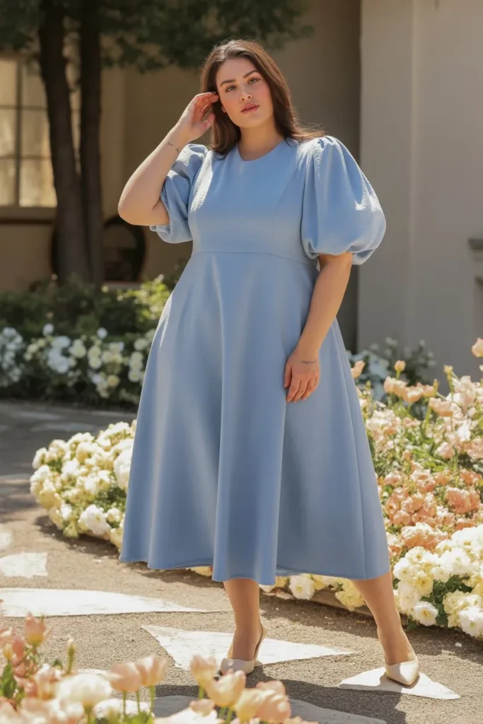 Midi Dress with Puff Sleeves