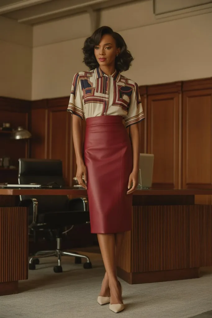 Midi Pencil Skirt with Vintage Graphic Blouse