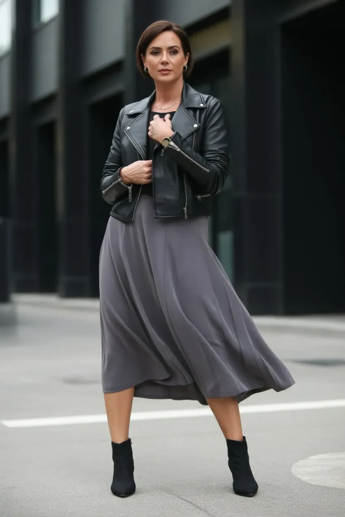 Midi Skirt with Leather Jacket