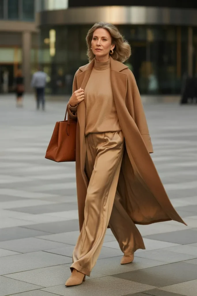 Monochromatic Camel Cashmere and Wide-Leg Silk