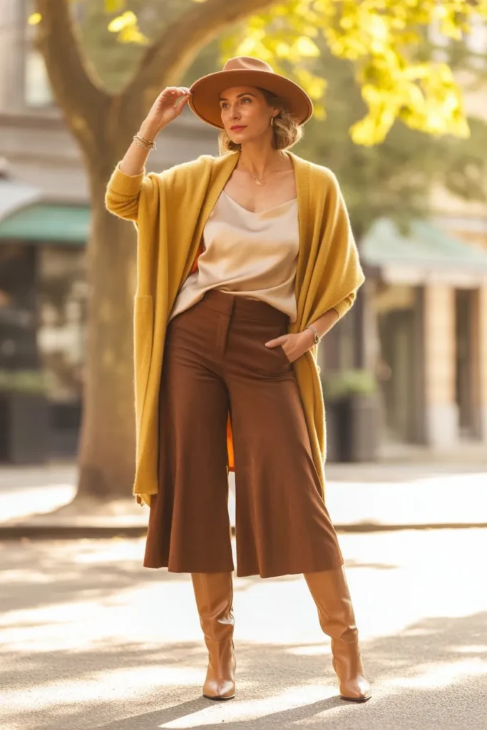 Mustard Yellow Wrap Cardigan and Suede Culottes