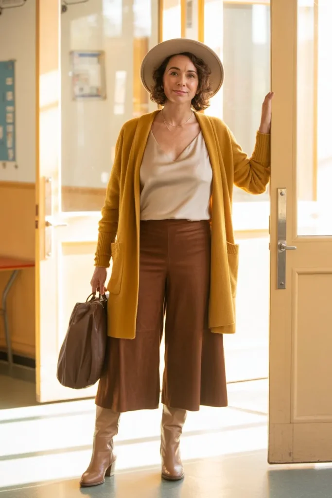 Mustard Yellow Wrap and Chocolate Culottes
