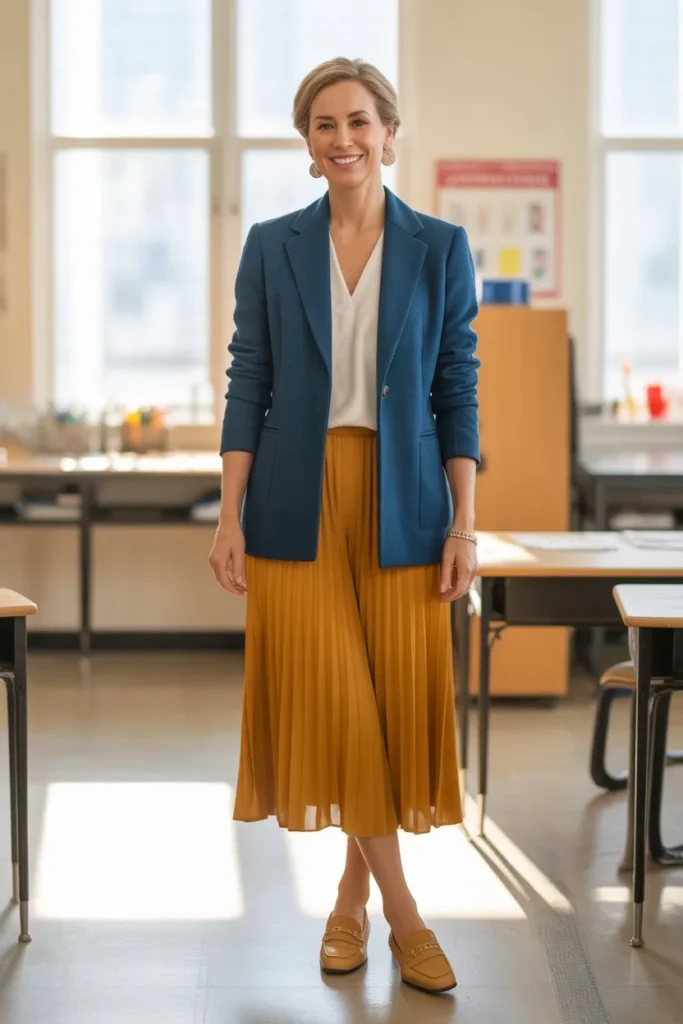 Navy Blazer and Mustard Pleated Skirt