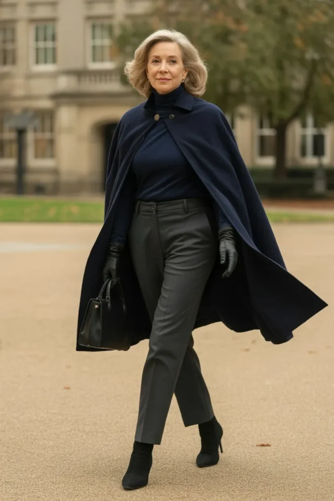 Navy Cape and Black Slim Slacks