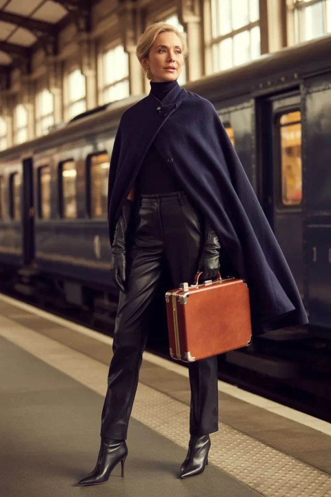 Navy Cape and Slim Leather Trousers