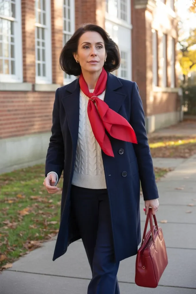 Navy Peacoat and Red Silk Scarf