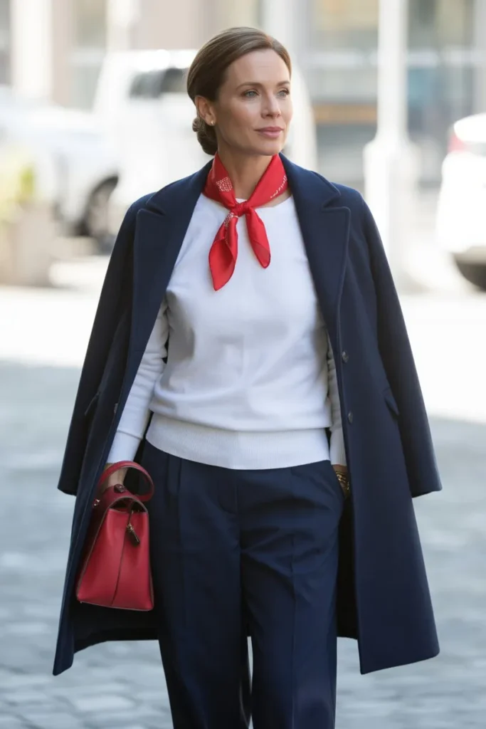 Navy Peacoat and Red Silk Scarf