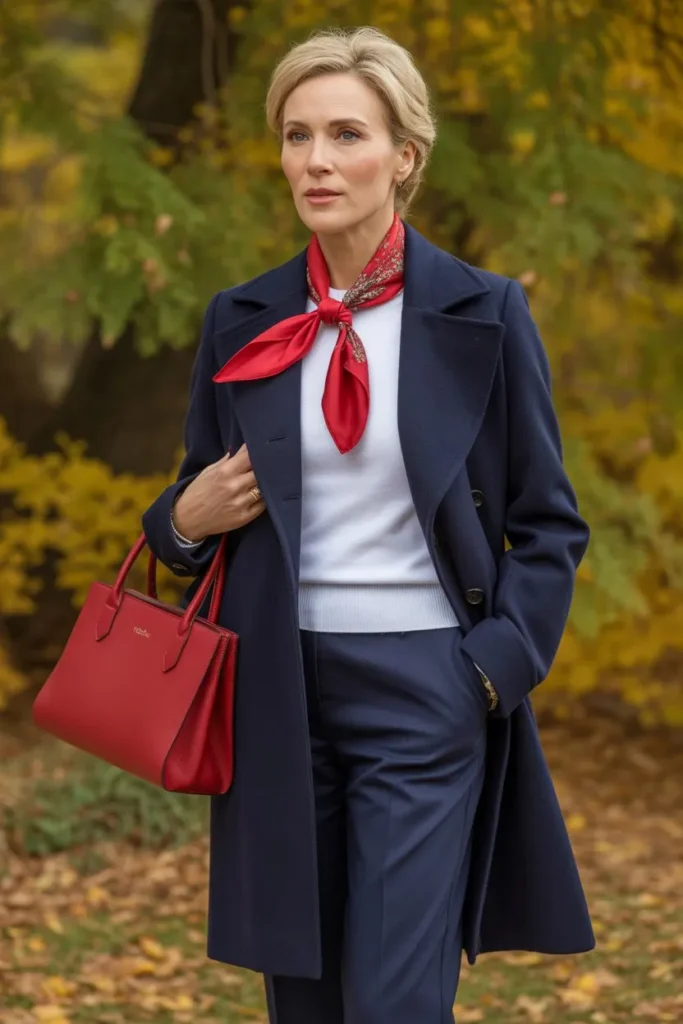 Navy Peacoat and Red Silk Scarf