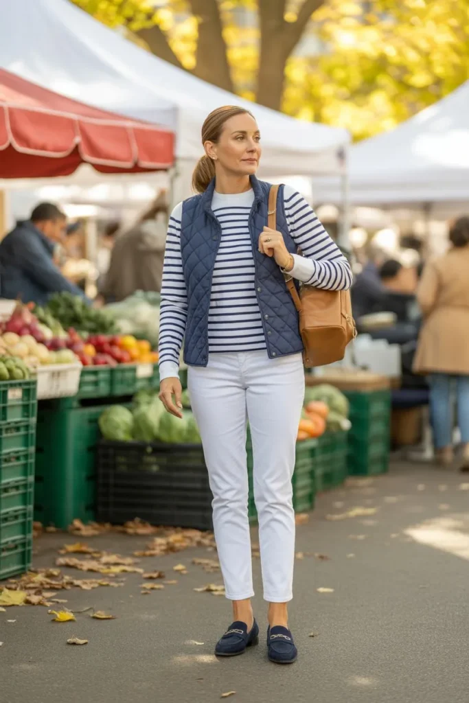 Navy Quilted Vest and Striped Knitwear