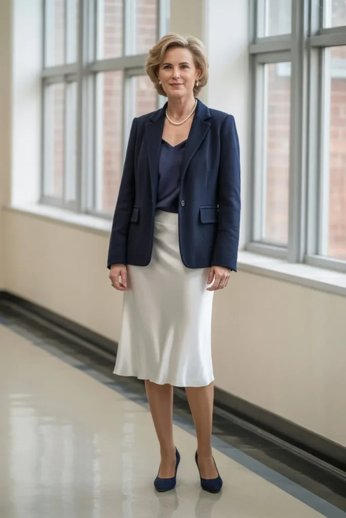 Navy Wool Blazer and White Silk Skirt