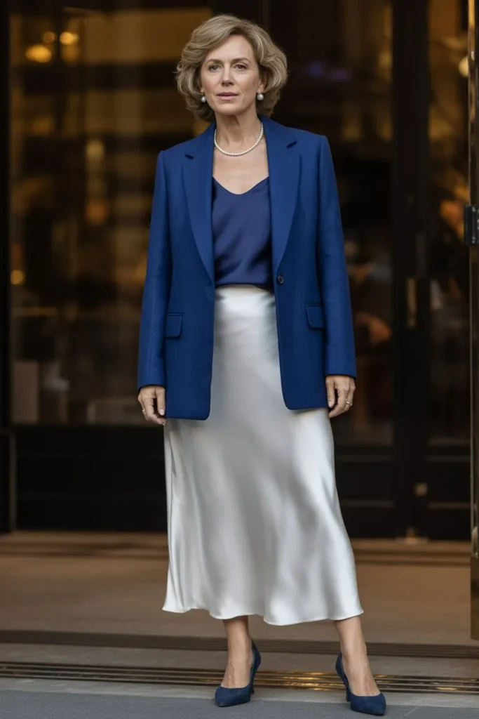 Navy Wool Blazer and White Silk Slip Skirt