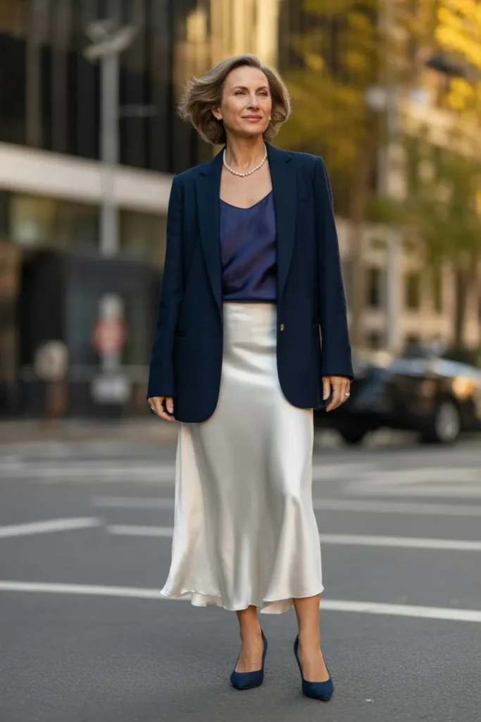 Navy Wool Blazer and White Silk Slip Skirt