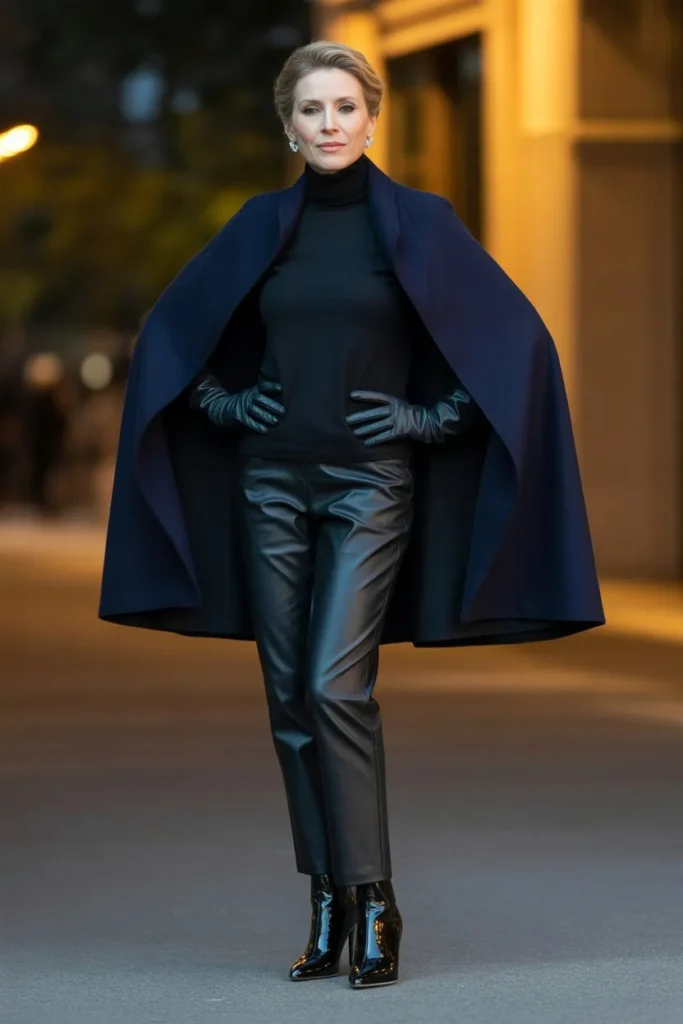 Navy Wool Cape and Slim-Fit Leather Trousers