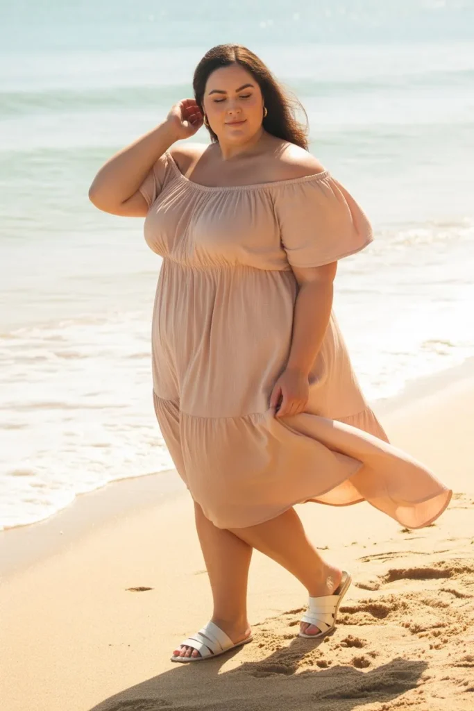 Off-Shoulder Dress with Flat Sandals