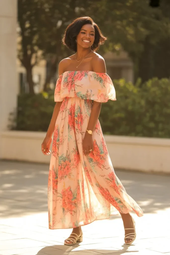 Off-Shoulder Maxi Dress with Sandals