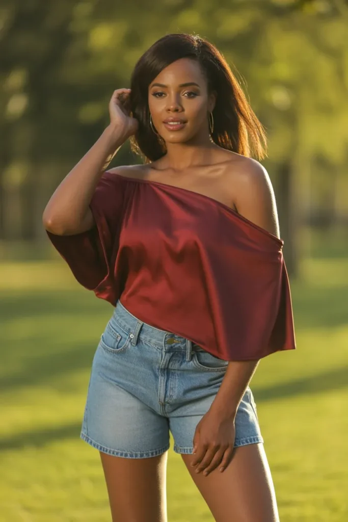 Off-Shoulder Top with Denim Shorts