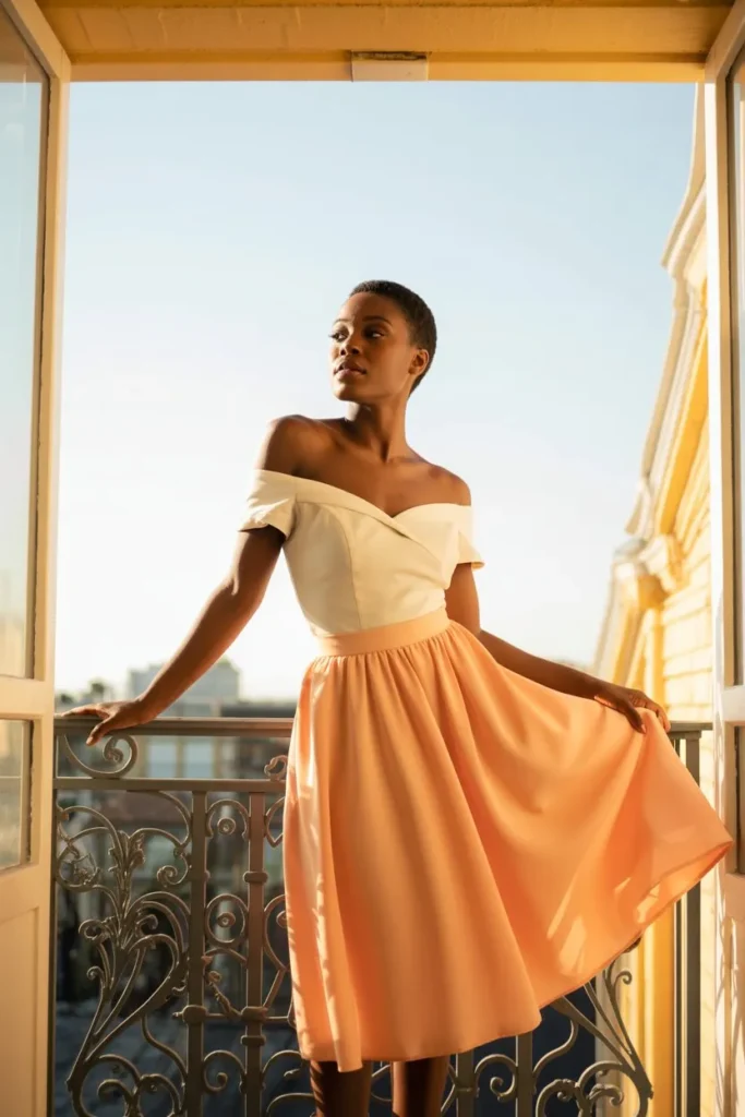 Off-Shoulder Top with High-Waisted Midi Skirt